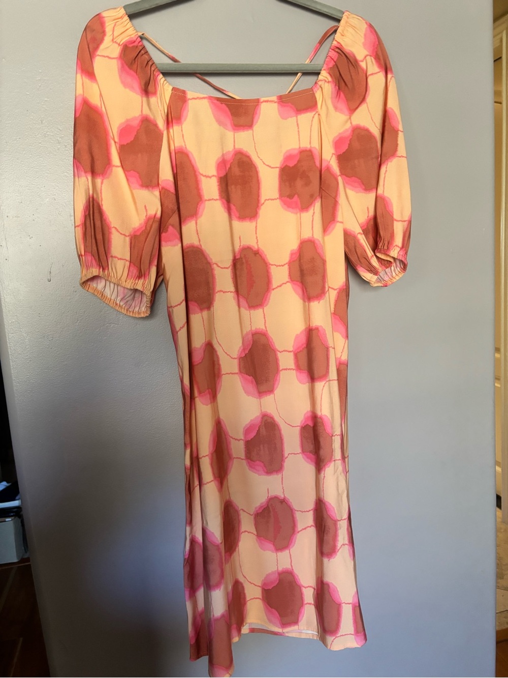 Peach & Pink Midi Puff Sleeve Dress - Feminine Square Neck